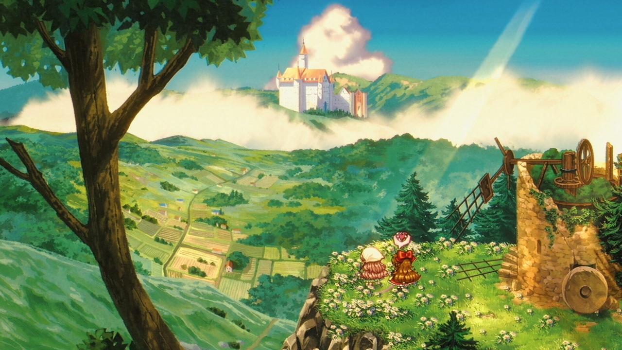 A pair of young women look out over a sunswept valley A pair of young women look out over a sunswept valley