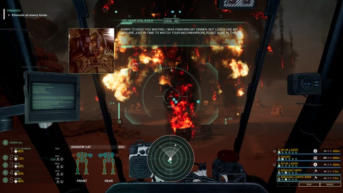 A screenshot from MechWarrior 5: Clans showing off first-person mech piloting.