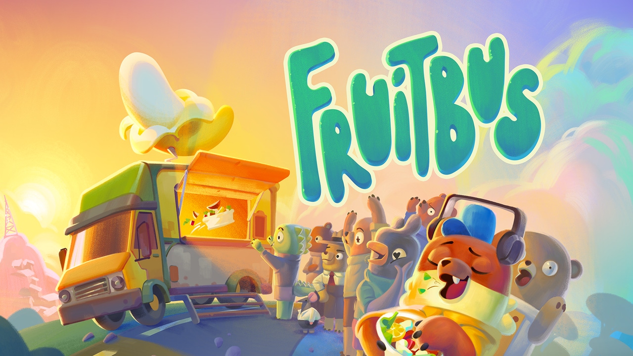 Key art for Fruitbus, showing animal characters in line for a colorful food truck Key art for Fruitbus, showing animal characters in line for a colorful food truck