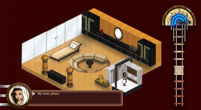 Isometric view of Egyptian themed room. Princess character on elevator. Dialogue box UI and headshot