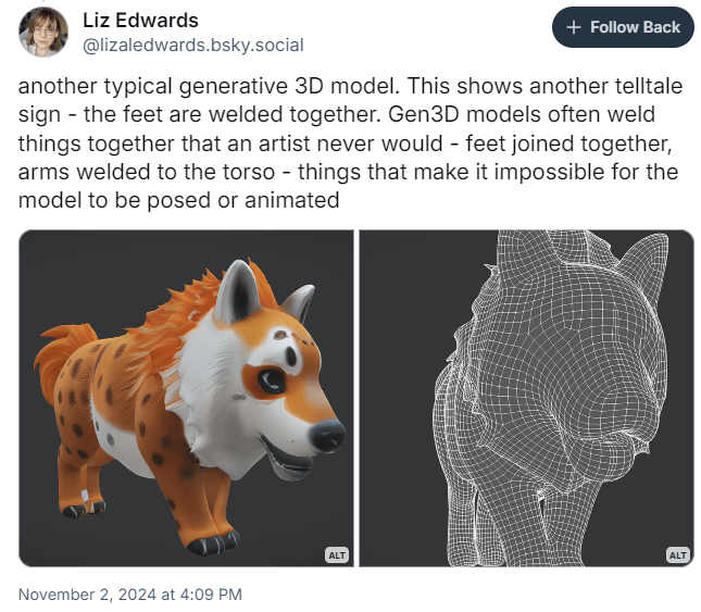A post by Liz Edwards showing how 3D models made with generative AI will weld limbs together. A post by Liz Edwards showing how 3D models made with generative AI will weld limbs together.