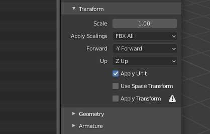 exporting from blender settings