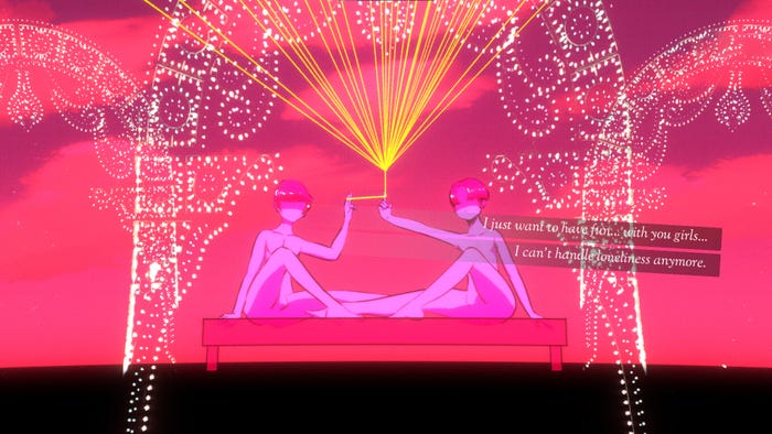 A pair of nude people sitting on a bench, a striking ark of bright lights surrounding them