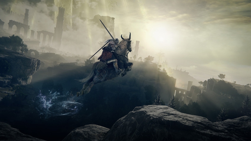 A screenshot of Elden Ring's protagonist leaping into the horizon on a mystical mount