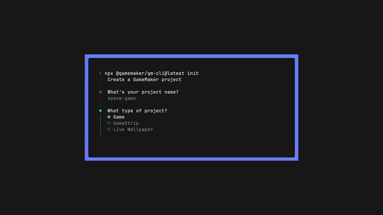 A screenshot of the GameMaker CLI A screenshot of the GameMaker CLI