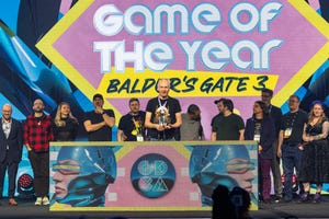 Baldur's Gate 3 team accepting the game of the year award at the Game Developers Choice Awards.