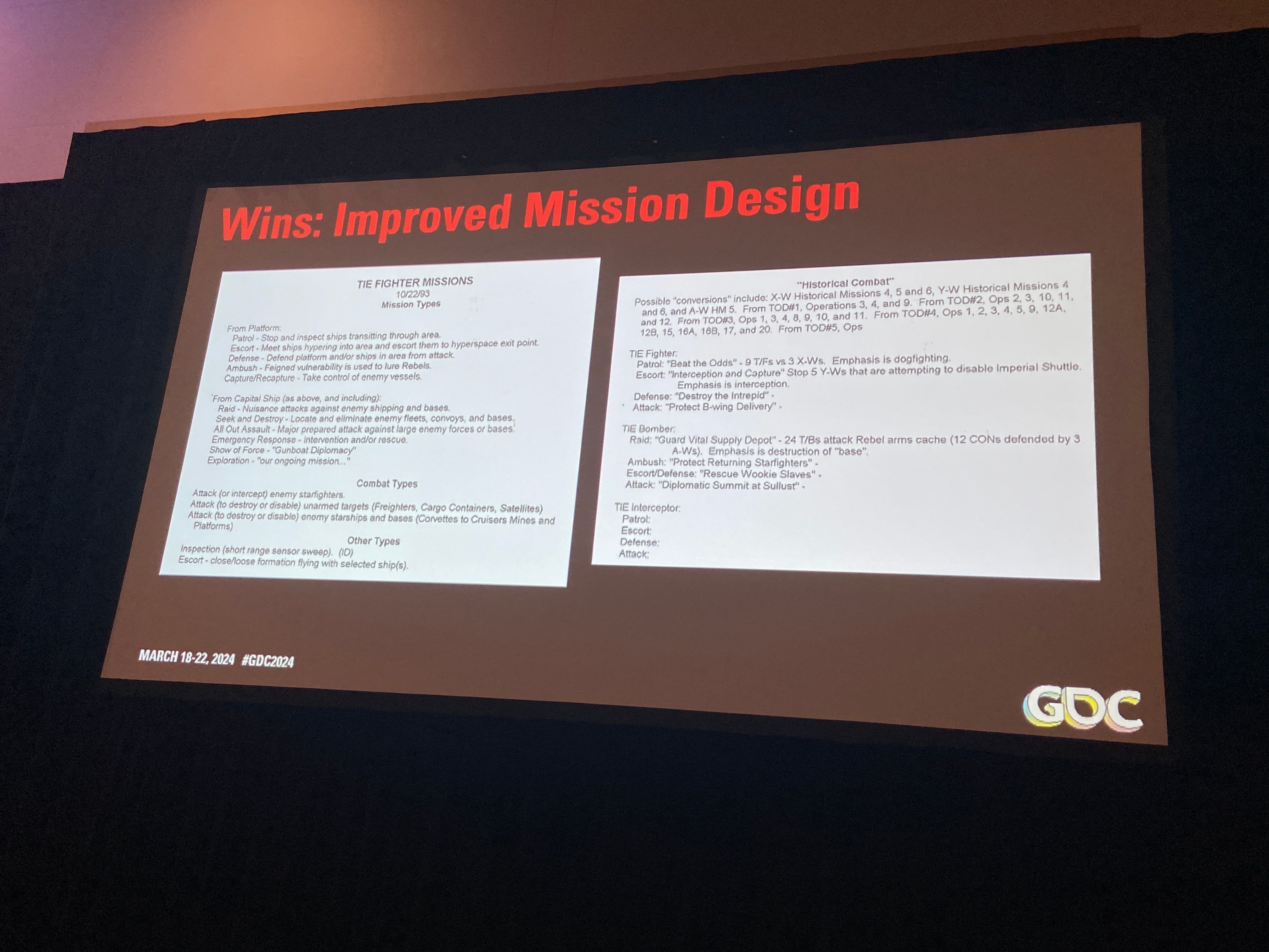 A sample Mission Design sheet from TIE Fighter.