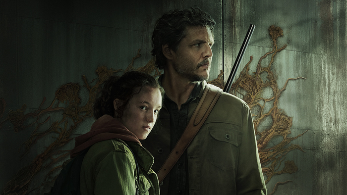 Promotional material for HBO's The Last of Us adaptation featuring Joel and Ellie