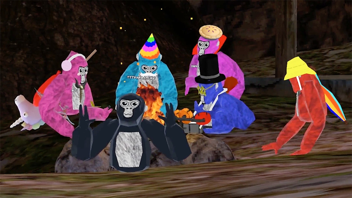 Players in the guise of gorillas congregate together Players in the guise of gorillas congregate together