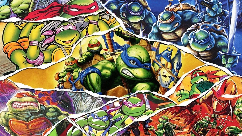 Cover art for Konami's Ninja Turtles: Cowabunga Collection, featuring different iterations of the Ninja Turtles.