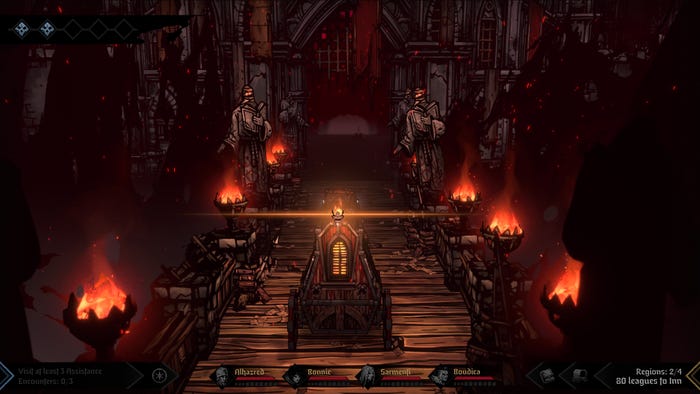 A screenshot from Darkest Dungeon II. The stagecoach crosses over a bridge.