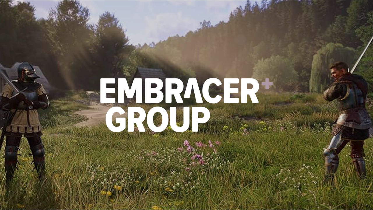 The Embracer logo overlaid on a screenshot from Kingdom Come Deliverance II The Embracer logo overlaid on a screenshot from Kingdom Come Deliverance II