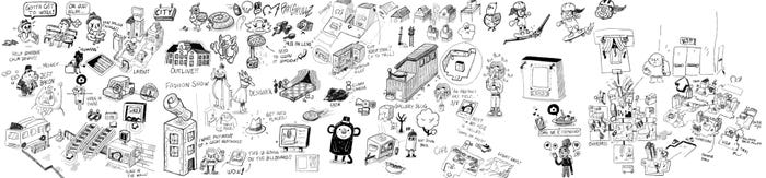 More cute sketches for a city setting, including a newspaper building and several townspeople.