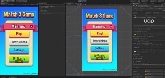 Game UI being edited in Unity, showing the UAP plugin panel open