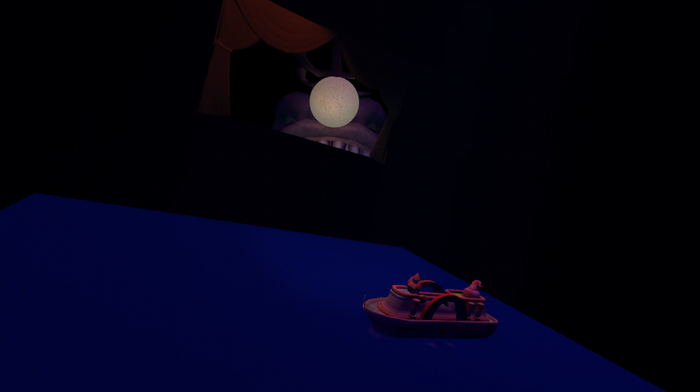 a small ship on a dark backdrop