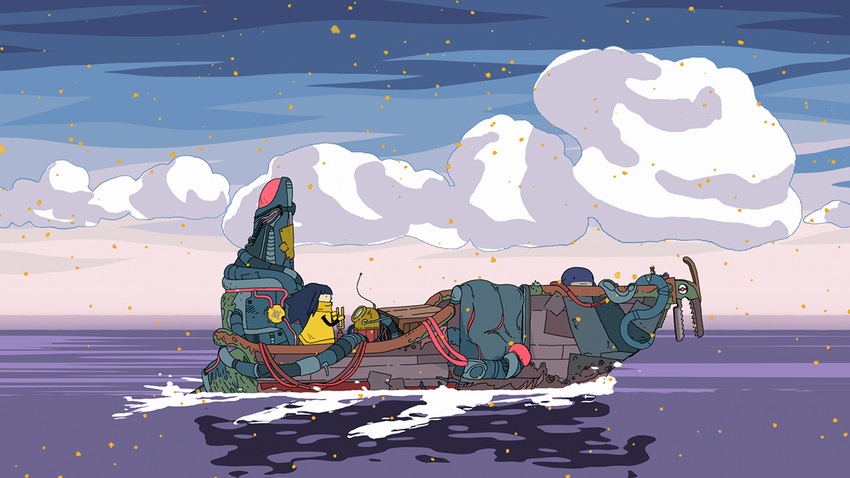 A screenshot from Minute of Islands showing the protagonist on a makeshift boat