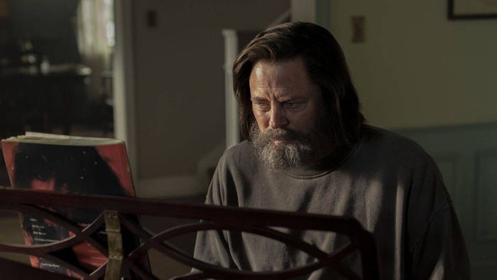 Nick Offerman plays the piano in HBO's TV show The Last of Us