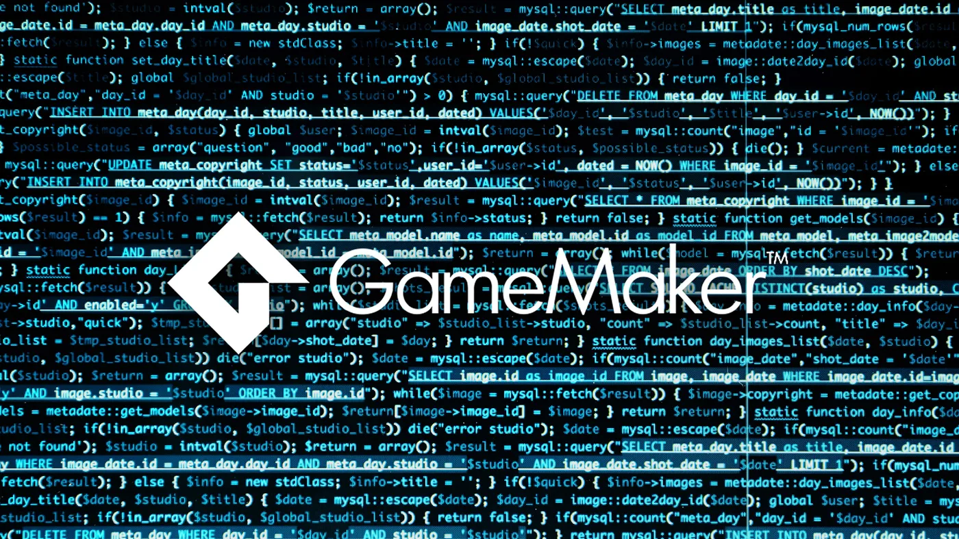 The logo for GameMaker in front of lines of code. The logo for GameMaker in front of lines of code.
