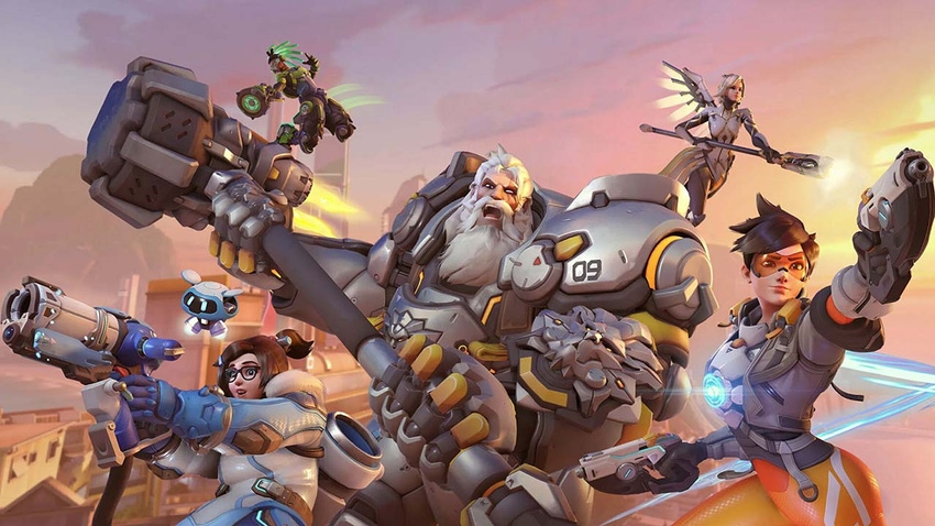 Key art for Blizzard's Overwatch 2, showing heroes like Tracer, Reinhardt, and Mei.