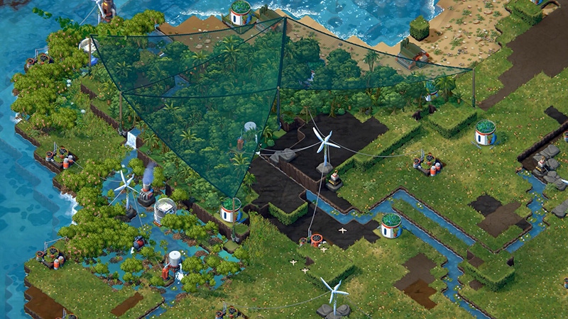 A screenshot of Terra Nil, showing off a beautifully restored landscape with futuristic machines.