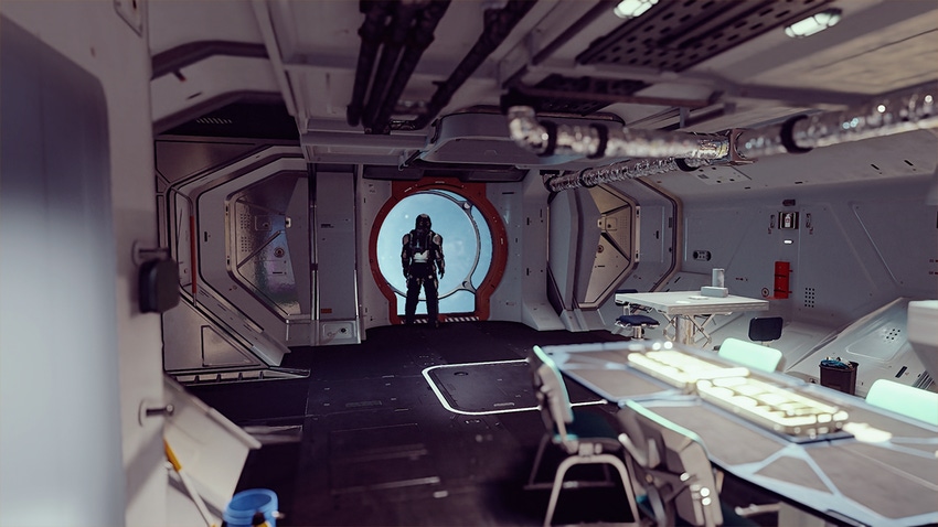 A screenshot from Starfield showing a player looking into space through their ship's porthole