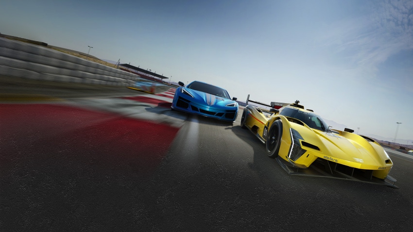 Two cars racing in key art for Turn 10 Studios' Forza Motorsport (2023).