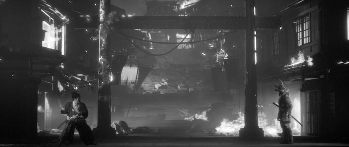 Two swordsmen prepare to fight as a Japanese building burns around them.