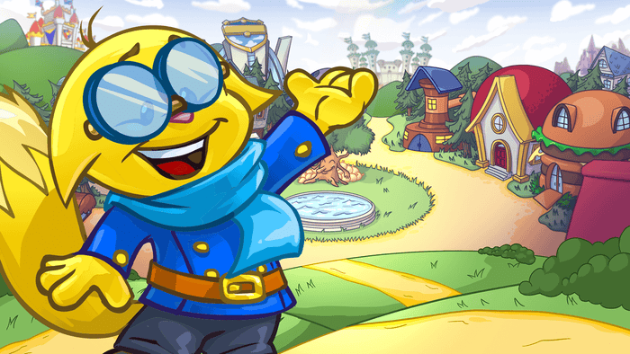 A golden Neopet in a blue coat gives a gesture of welcome with Neopia in the background.