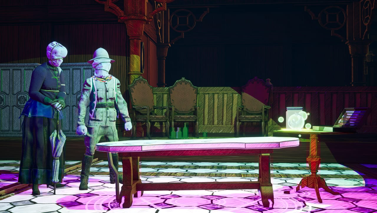 Spooky characters from Alice's Lullaby next to a table Spooky characters from Alice's Lullaby next to a table