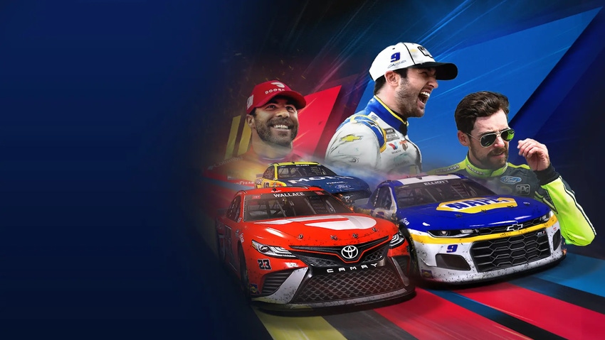 Key art for Motorsport Games' NASCAR 21: Ignition, featuring Bubba Wallace, Chase Elliott, and Ryan Blaney.