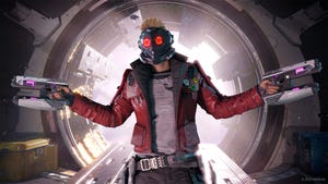 A screenshot of Marvel's Guardians of the Galaxy featuring Star Lord holding his blaster weapons A screenshot of Marvel's Guardians of the Galaxy featuring Star Lord holding his blaster weapons