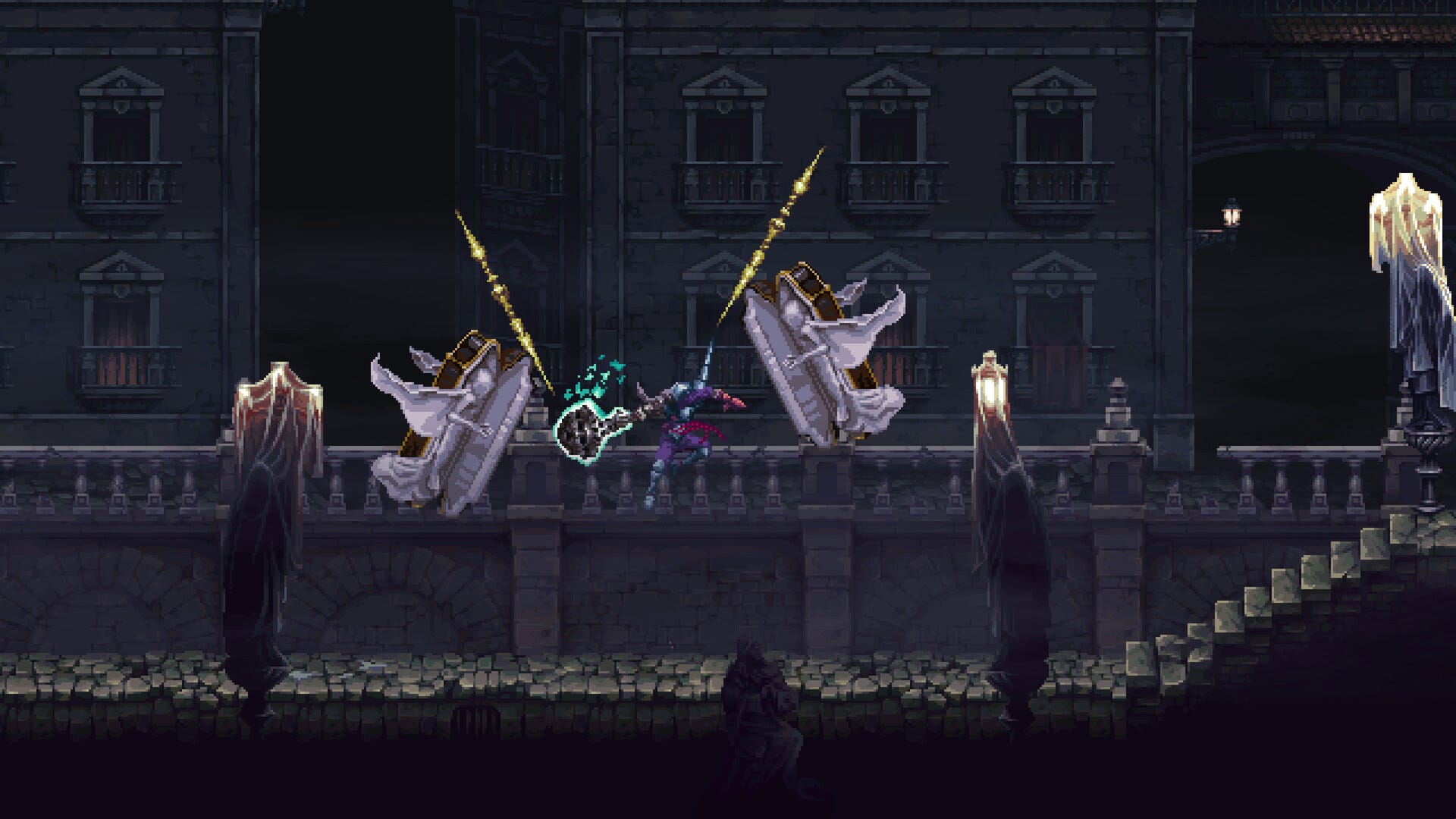 Blaspheous 2 screen with character fighting ghosts in coffins on a creepy staircase