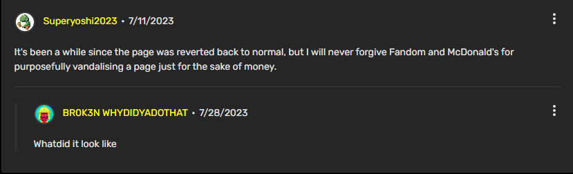 A comment on the Grimace Fandom page that reads 