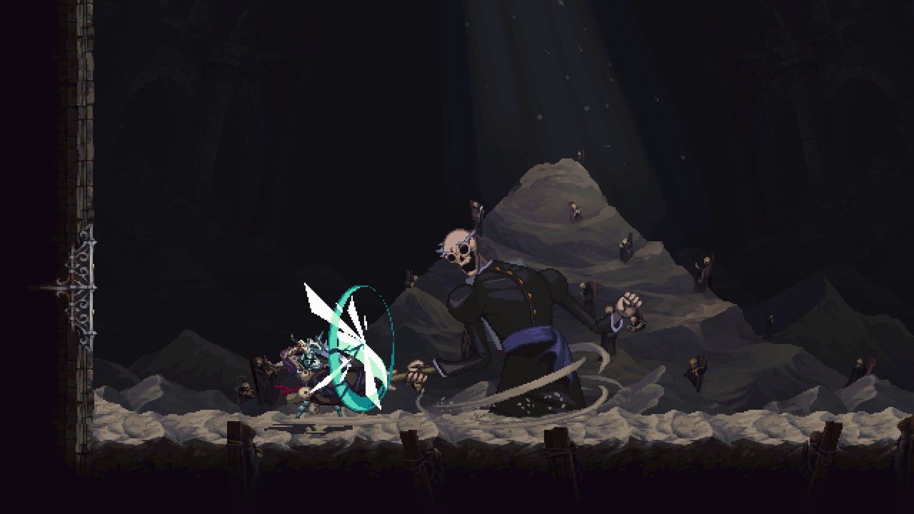 Blasphemous II character fighting a giant skull enemy Blasphemous II character fighting a giant skull enemy