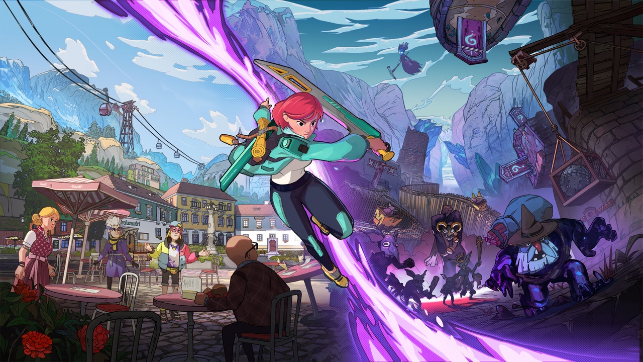 Key art for Dungeons of Hinterberg. Player character Luisa swings her sword against a backdrop of an idyllic Austrian town and an army of monsters.. Key art for Dungeons of Hinterberg. Player character Luisa swings her sword against a backdrop of an idyllic Austrian town and an army of monsters..