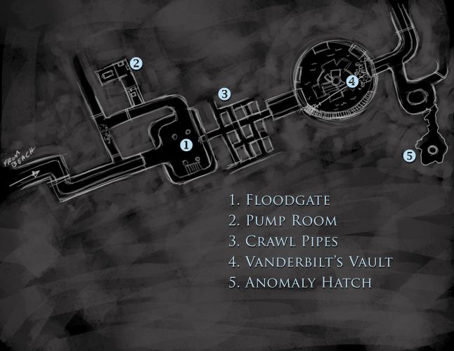 An early sketch of the sewer level showing a radically different layout from the final version
