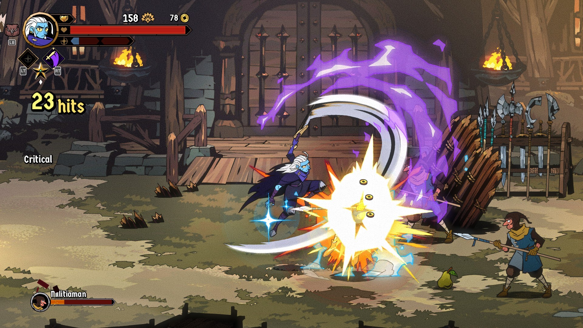 A screenshot from Absolum. The player character, an elf, swipes a sword, countering an enemy.