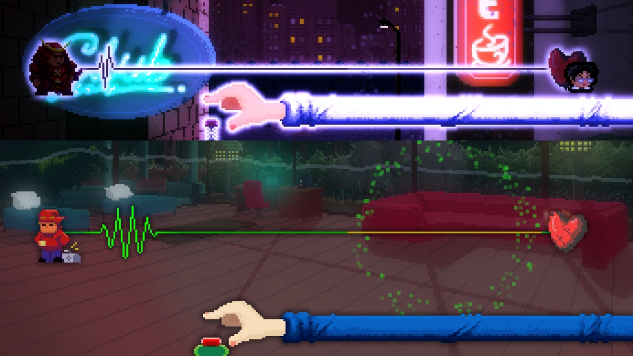 A pair of fingers and long arms stretch across the screen to tap a button. Different people stand at the end of a depiction of a heartbeat A pair of fingers and long arms stretch across the screen to tap a button. Different people stand at the end of a depiction of a heartbeat