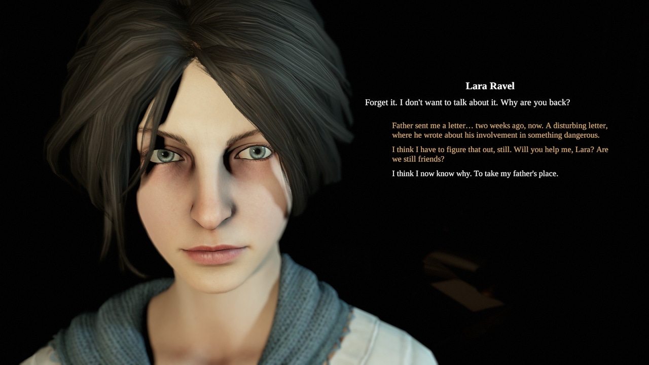 A conversation with NPC Lara Ravel in Pathologic 2. A conversation with NPC Lara Ravel in Pathologic 2.
