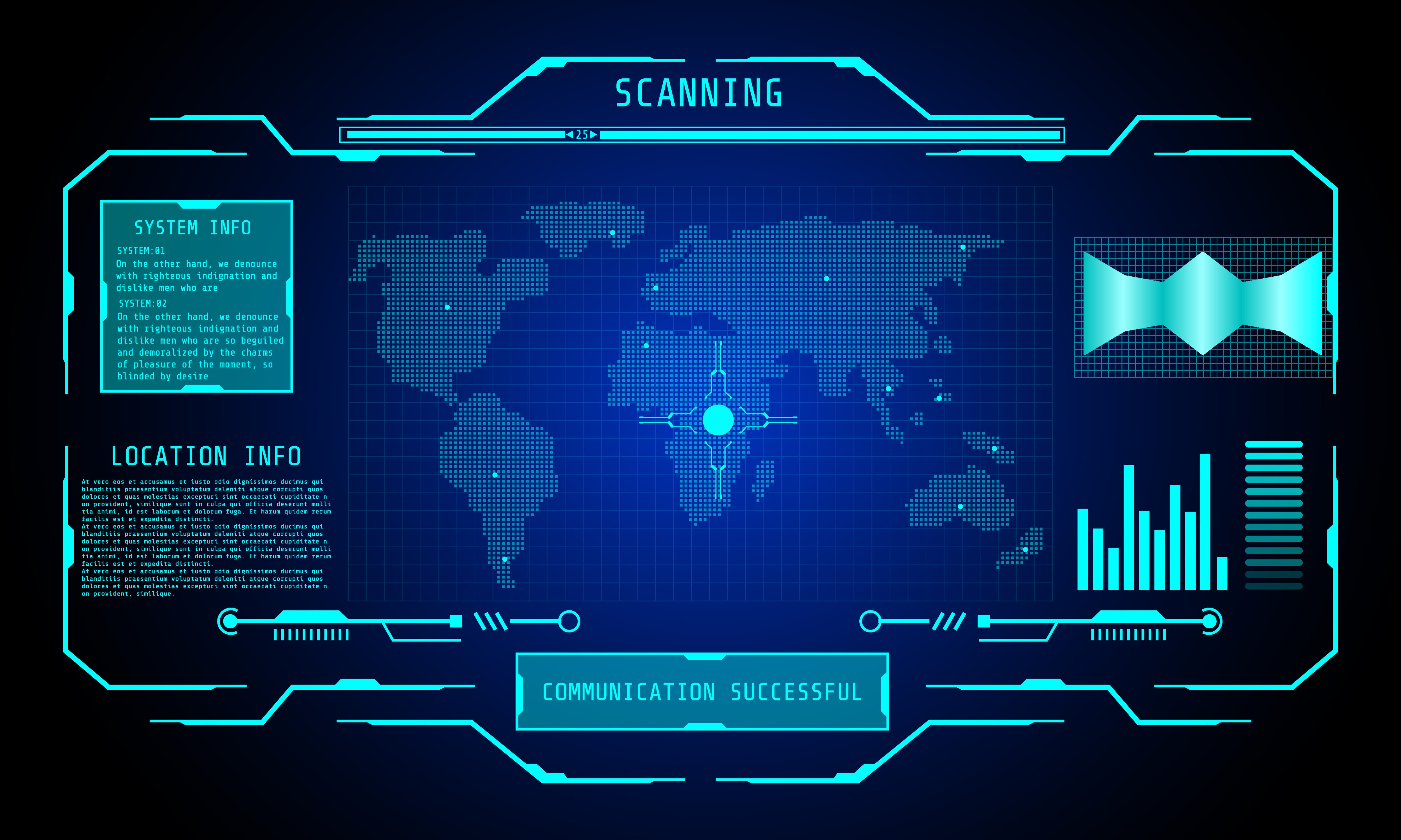 sci fi interface with map and communication successful message