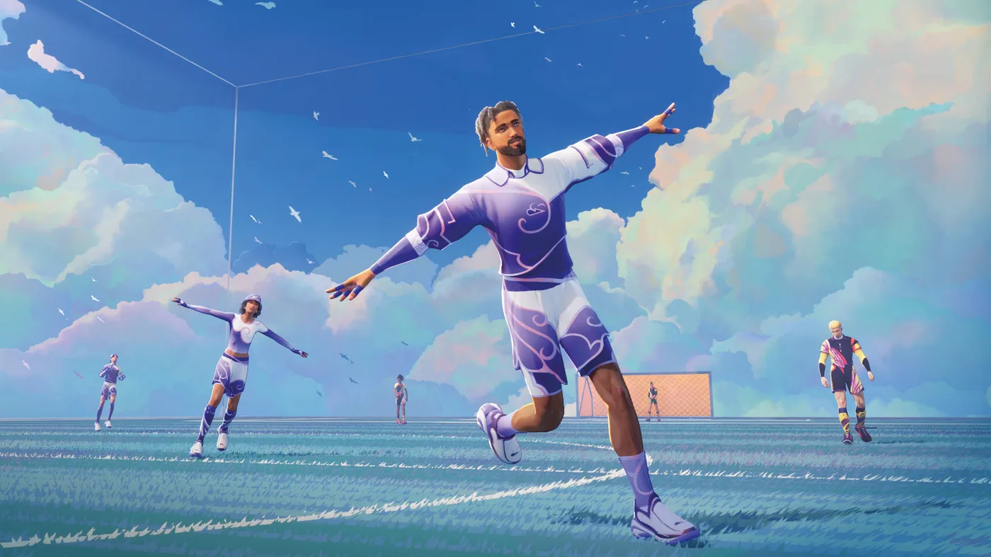 A player character runs around with their arms extended in Rematch, other players stand behind them. A player character runs around with their arms extended in Rematch, other players stand behind them.
