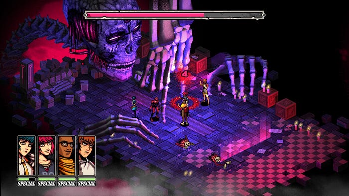 A screenshot from Demonschool. Four teens face off against a giant skeleton.