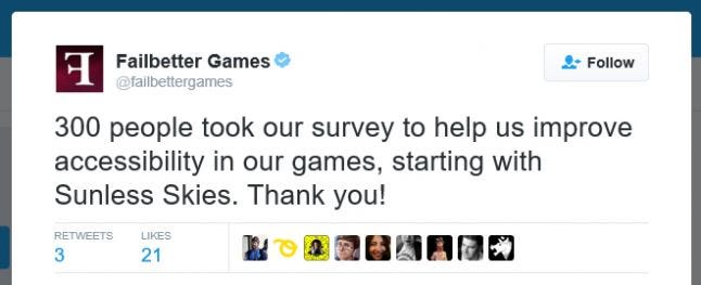 Failbetter Games tweet thanking 300 people for completing their accessibility survey