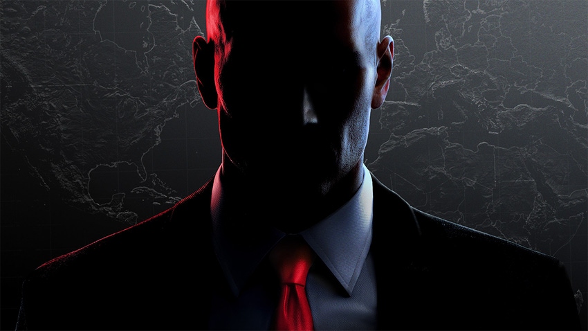 Key Hitman artwork showing Agent 47 emerging from the shadows