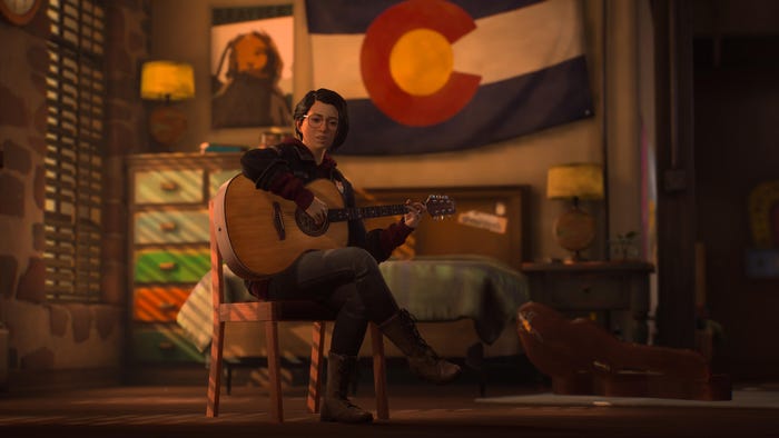 A screenshot from Life is Strange: True Colors. The player character plays a guitar in front of a Colorado flag.