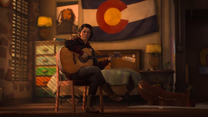 A screenshot from Life is Strange: True Colors. The player character plays a guitar in front of a Colorado flag. A screenshot from Life is Strange: True Colors. The player character plays a guitar in front of a Colorado flag.
