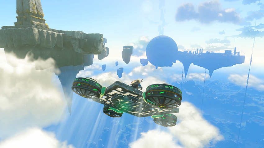 A screenshot from Tears of the Kingdom showing Link flying a makeshift hovercraft
