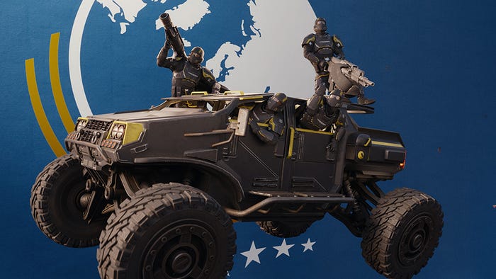 A promo image for Helldivers 2. Three Helldivers riding a monster truck delightfully boast their weapons. A promo image for Helldivers 2. Three Helldivers riding a monster truck delightfully boast their weapons.