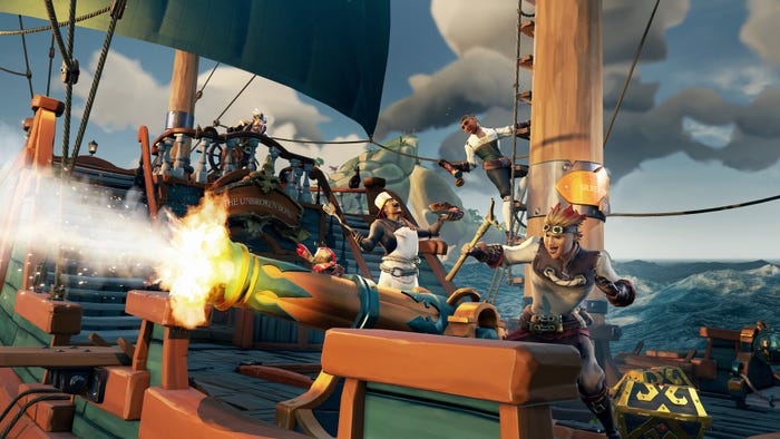 Pirates fire cannons in Sea of Thieves.