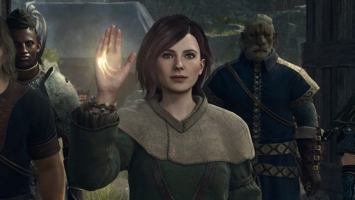 A Pawn raises her glowing hand in Dragon's Dogma 2.